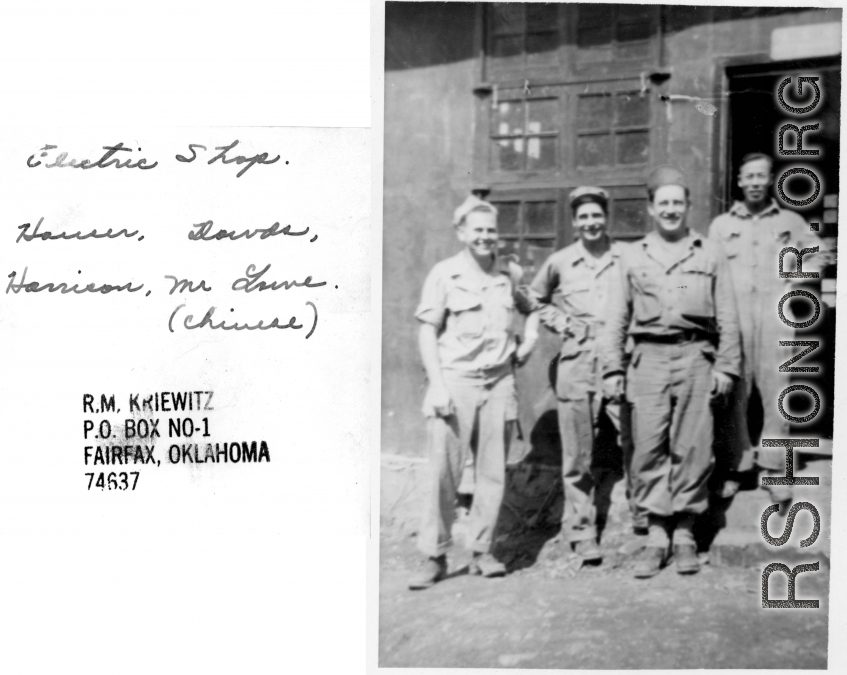 "This Is a picture of the (electric shop) shop area at Kwelin, China. The guys are Houser--Dowds--Harrison and an unknown Chinese man."