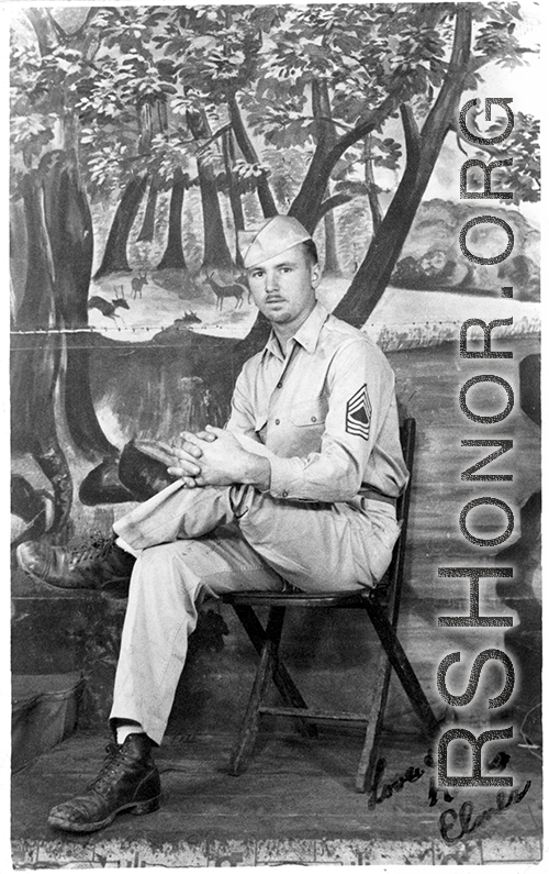 Elmer Bukey was a member of the 396th Air Service Squadron, 12th Air Service Group, in the CBI during WWII, and spent much time in southwestern China, including very nervous and difficult days during the retreat in front of the Japanese Ichigo campaign during summer and fall of 1944.  Above is a photo of Elmer Bukey taken in Calcutta, India, in early 1944.