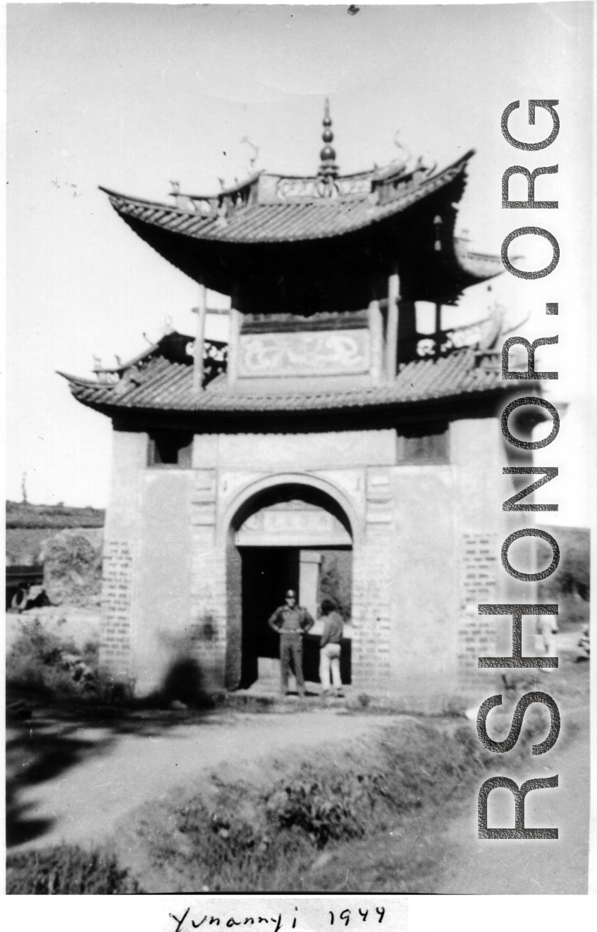 An American GI poses in a gateway at Yunnanyi, China, during WWII, in 1944.