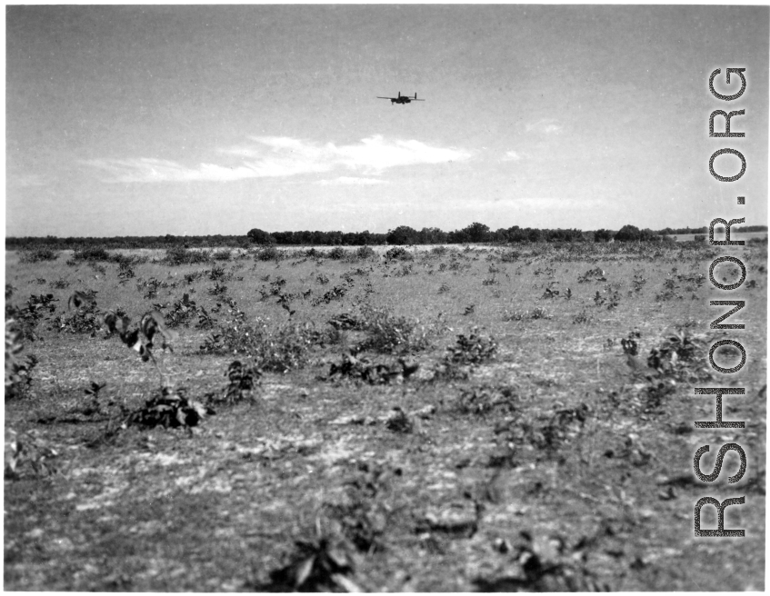 An American B-25 bomber flies at minimum altitude, probably during training/practice of 'low-level attack techniques', for 'skip bombing'. During WWII.