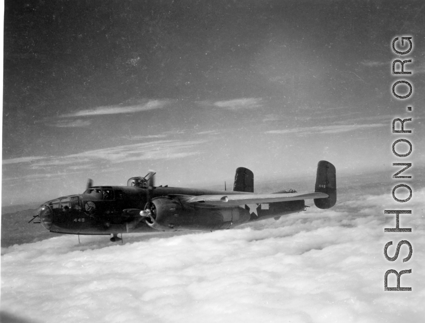 B-25 Mitchell bombers in flight in the CBI, in the area of southern China, Indochina, or Burma.