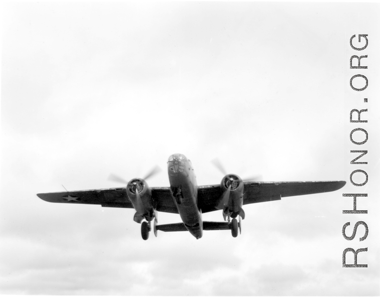 B-25 Mitchell bombers take off from an airstrip, possibly Yangkai (Yangjie) air strip in Yunnan province, China.