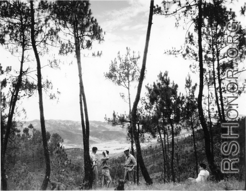 American GIs hiking out on mountains near Yangkai, Yunnan province, China. During WWII.