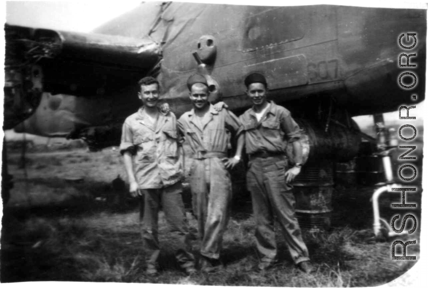 "More Salvage Work--The Three "R"'s Rodriguez, Reese, and Rutter Goofing Off To Have Their Picture Taken While Salvaging A B-25 At Liangshan, China."Caption courtesy of Elmer Bukey.