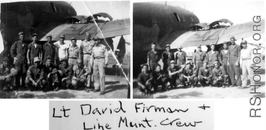 Lt. David Firman and line maintenance crew, with a C-46 transport plane. In the CBI during WWII.  From the collection of David Firman, 61st Air Service Group.