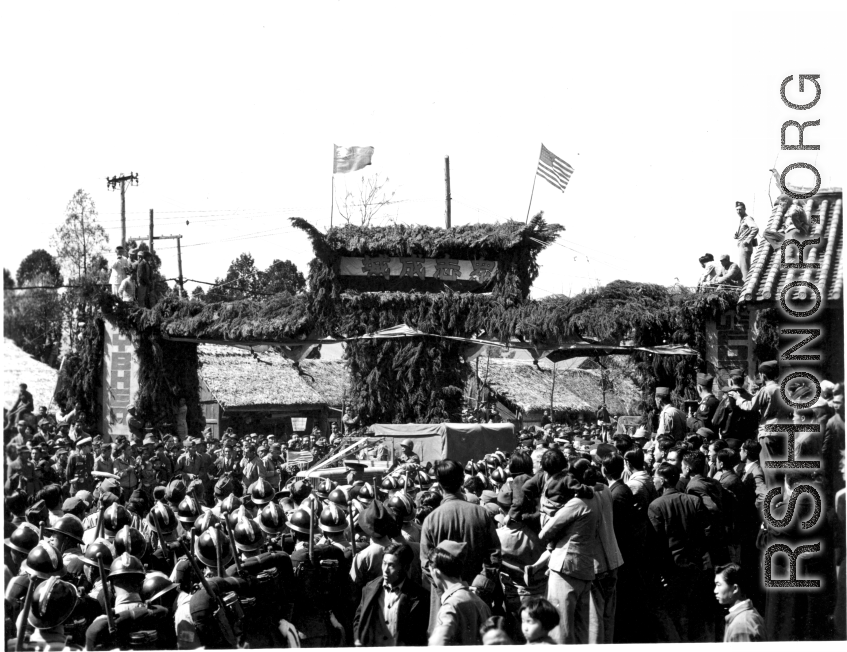 At Kunming. Crowds gather to greet the first convoy to reach China via the Burma Road, on February 4, 1945, during WWII.