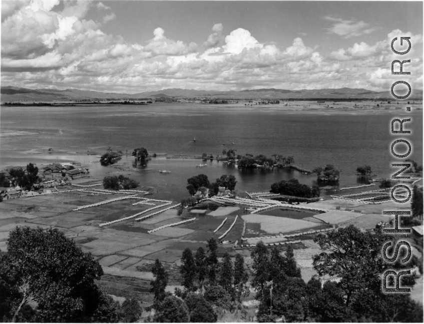 A view out over Dianchi Lake near Kunming, China, on a sunny day during WWII.