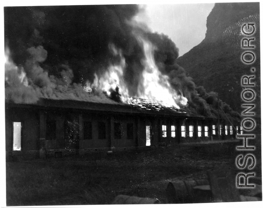 Demolition work at an American airbase (either Liuzhou or Guilin) during the evacuation before the Japanese Ichigo advance in 1944, in Guangxi province.