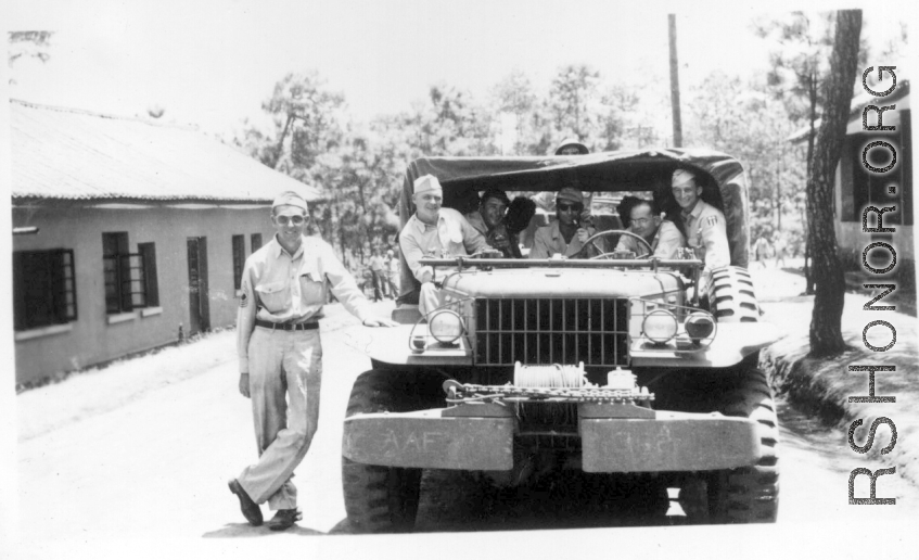 Daggett, Derby, Trombley, unknown, unknown, Cooper, Zangle.  Probably at Yangkai air base.  From the collection of Frank Bates.