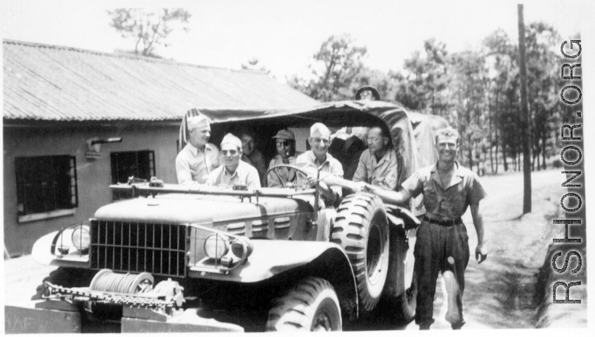 GIs Derby, Daggett, Trombley, unknown, Charlie Zangle, Wayne E. Cooper, Peter J. Bertani, Aug. 5, 1944. Probably at Yangkai.