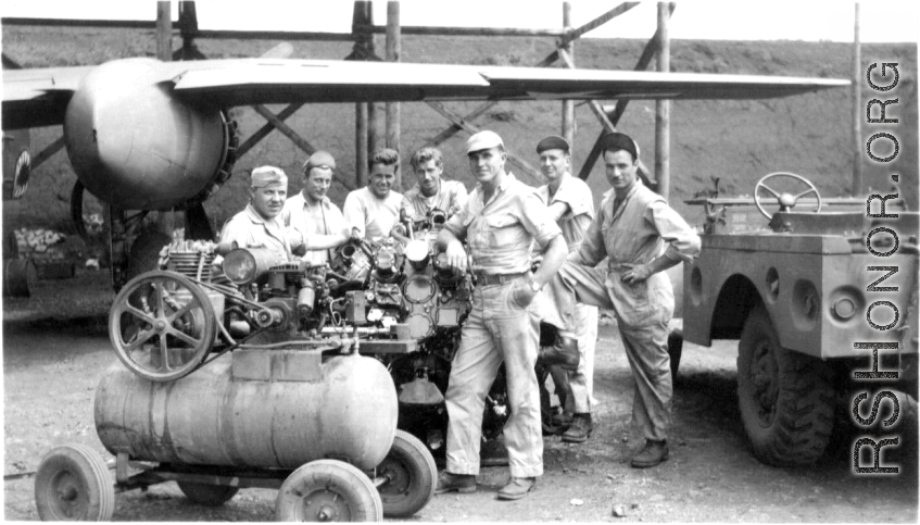 At #444's engine change, Yangkai, China, July 1944. S/Sgt Domonique Beaudetter, T/Sgt George Butsika, S/Sgt Elmer Peterson, S/Sgt Joseph Burns, M/Sgt John Aspinwall, T/Sgt Karl Hammett, S/Sgt Frank Bert. (Info courtesy Tony Strotman)