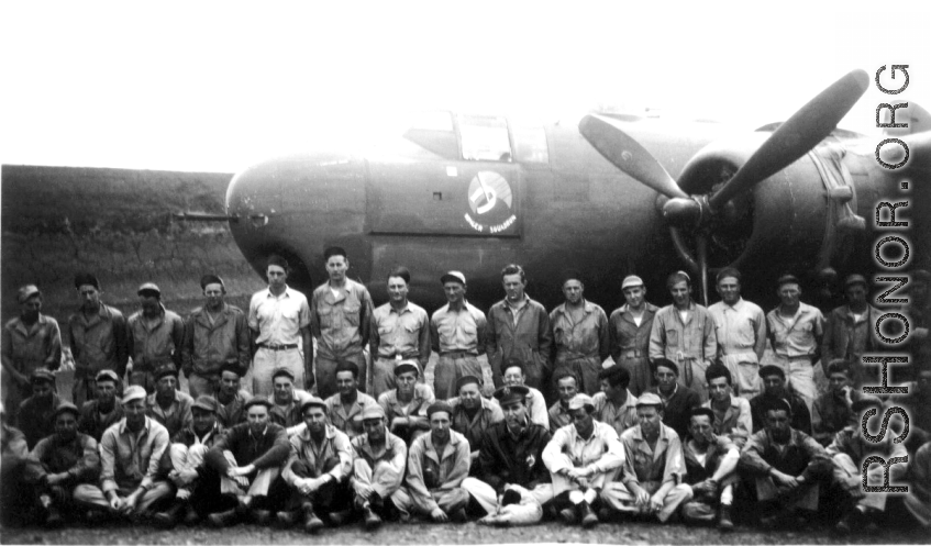 All of the 491st Bomb Squadron maintenance personnel at Yangkai AB, China, in early 1944, shortly after they had transferred from Chakulia, India. Frank bates notes.. McArdle hadn't gone home. Rear, 5th from left 'Frank Bates'.