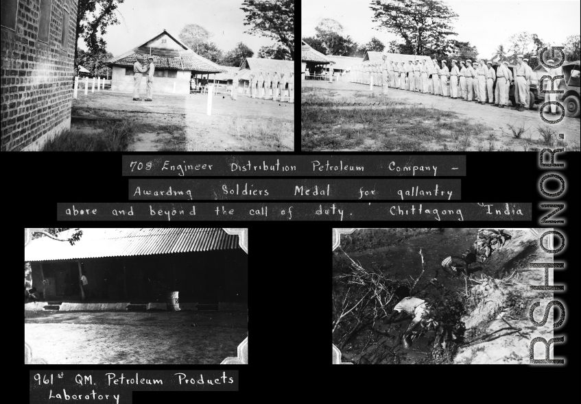 Awarding soldiers of the 708th Engineer Distribution Petroleum Company medals for beyond the call of duty. Chittagong, India.  961st Petroleum Products Laboratory building.  Workers in the mud or in spilled petroleum.