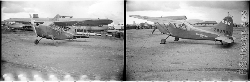 A L-5 Stinson, tail number #298836, at an American base. C-46s, B-24s, and P-51s is various states of disassembly can be seen in the background.  Yunnan province, China, during WWII.