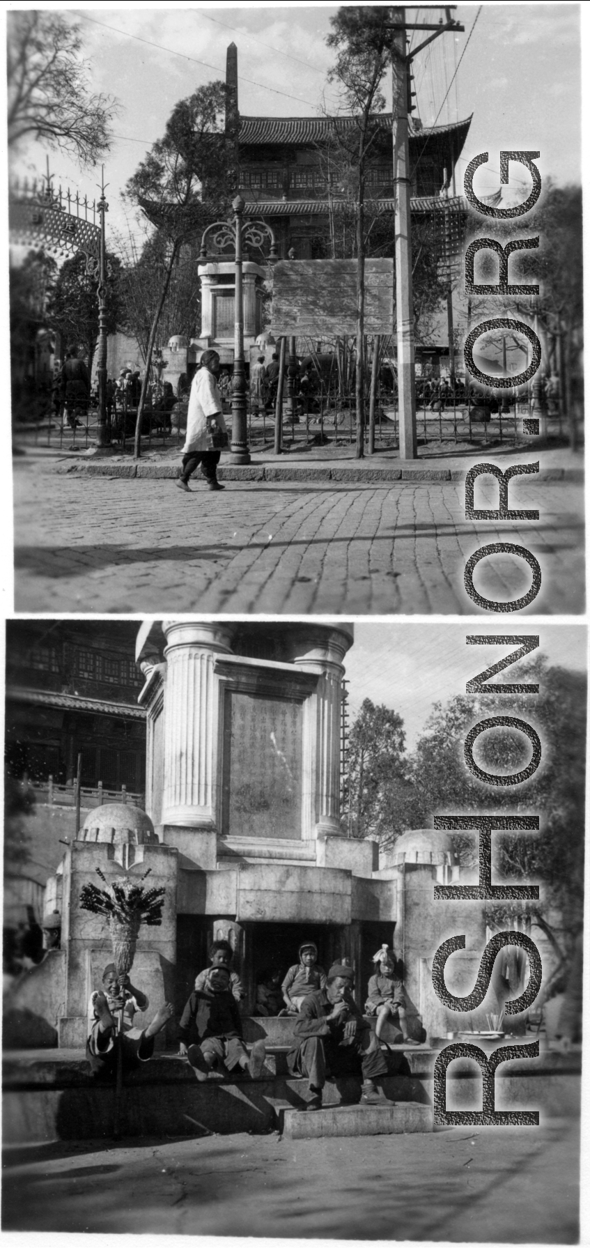 People hang out near tower and stone inscription in Kunming city, Yunnan province, China, during WWII.