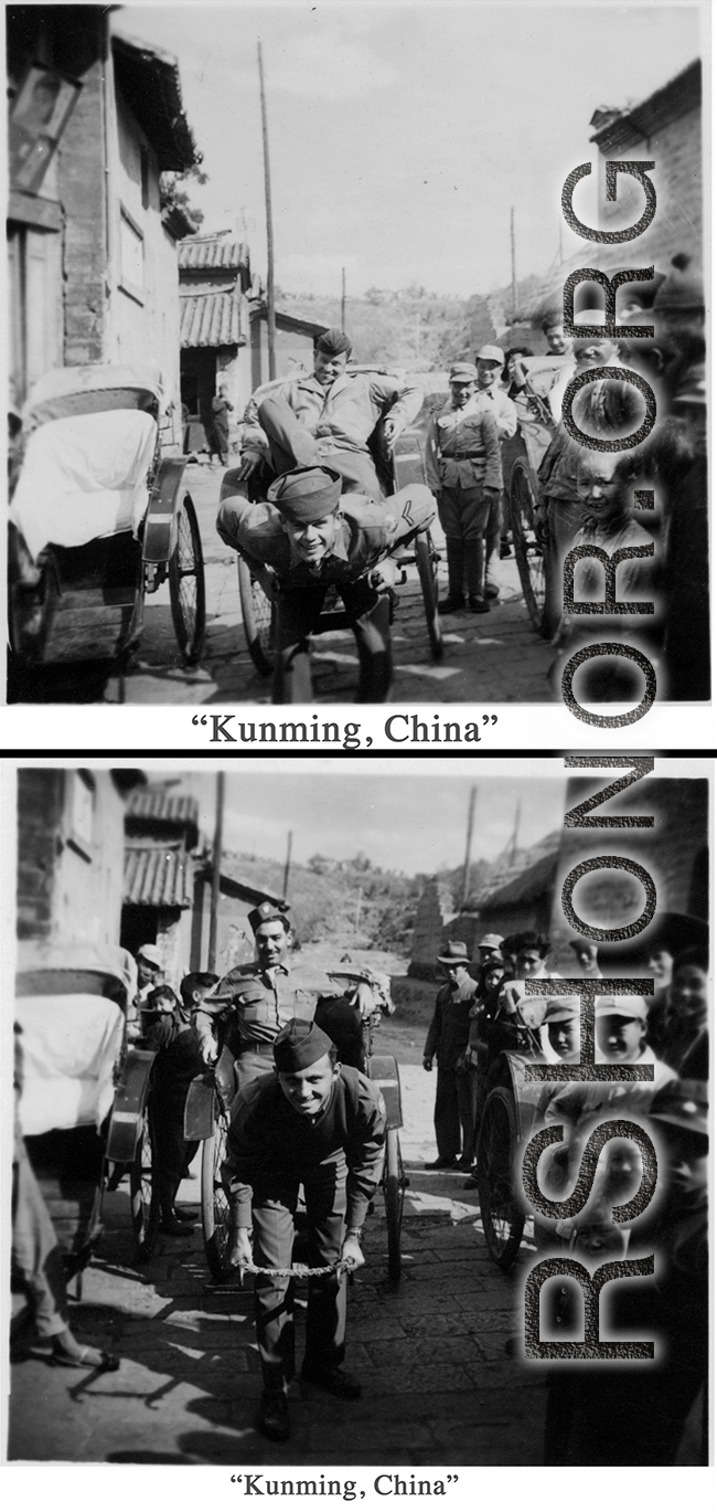 GIs goof with rickshaws in Kunming city, Yunnan province, China, during WWII.