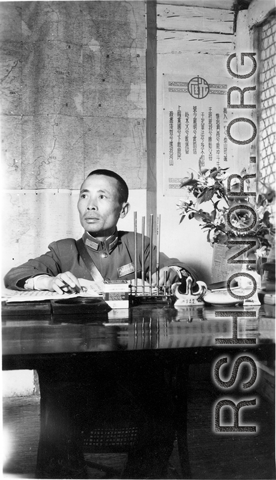  A very emaciated and wary-looking Zheng Tingji (郑庭笈), commander of the 48th Army Division (陆军第四十八师 ), poses at his desk in Yunnan.