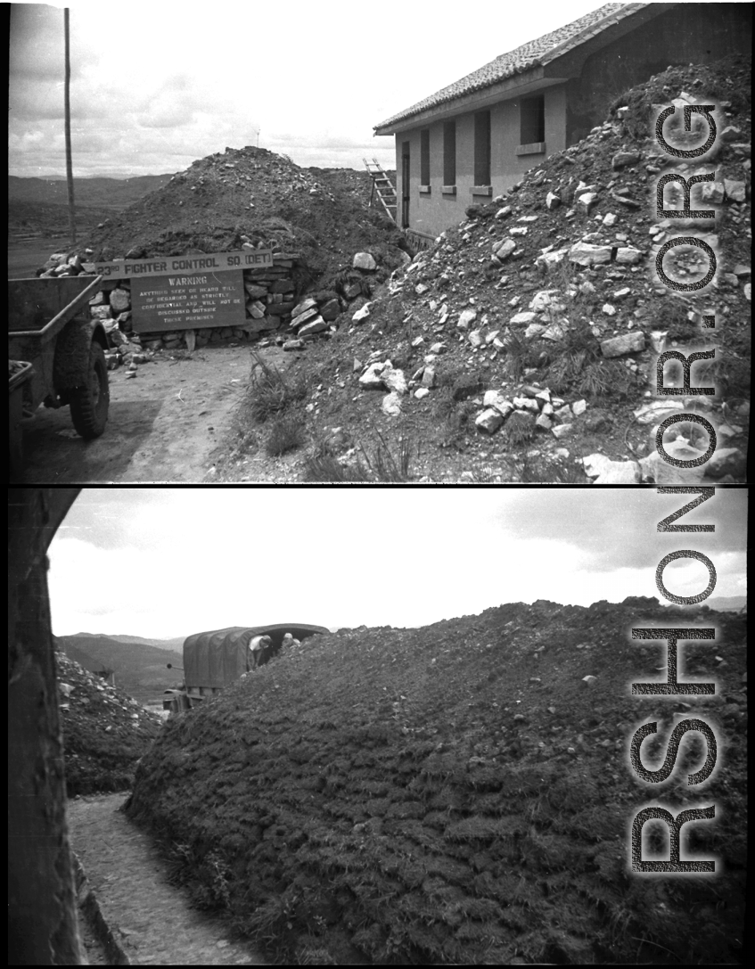 23rd Fighter Control Squadron buildings, surround by bomb barriers, at an American air base in WWII in Yunnan province, China, most likely around the Luliang air base area.