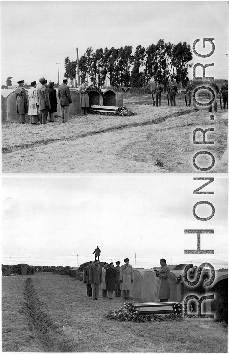 Chaplain Dwayne H. Mengel conducts a temporary military burial in Yunnan, China.  The 308th took heavy casualties, and one of the Chaplain's duties included burying recovered bodies in local graves until they could be repatriated after the war.