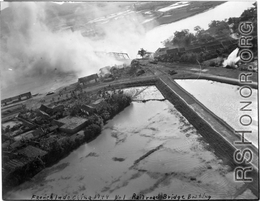 Bombing of Đò Lèn Bridge in Hà Trung Town in French Indochina (Vietnam), during WWII. In northern Vietnam, and along a critical rail route used by the Japanese.