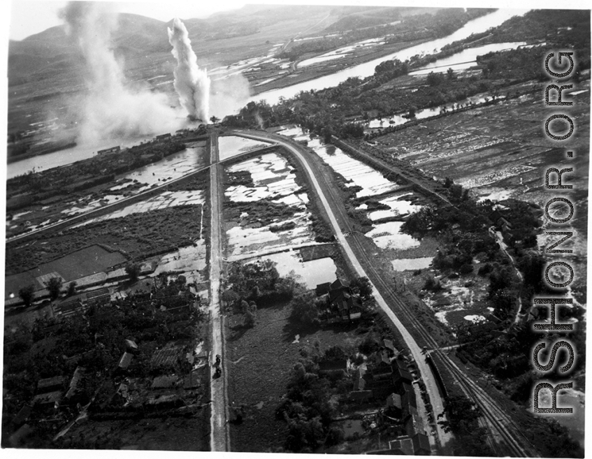 Bombing of Đò Lèn Bridge in Hà Trung Town in French Indochina (Vietnam), during WWII. In northern Vietnam, and along a critical rail route used by the Japanese.