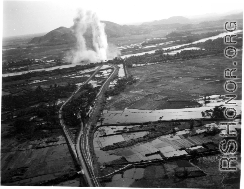 Bombing of Đò Lèn Bridge in Hà Trung Town in French Indochina (Vietnam), during WWII. In northern Vietnam, and along a critical rail route used by the Japanese.