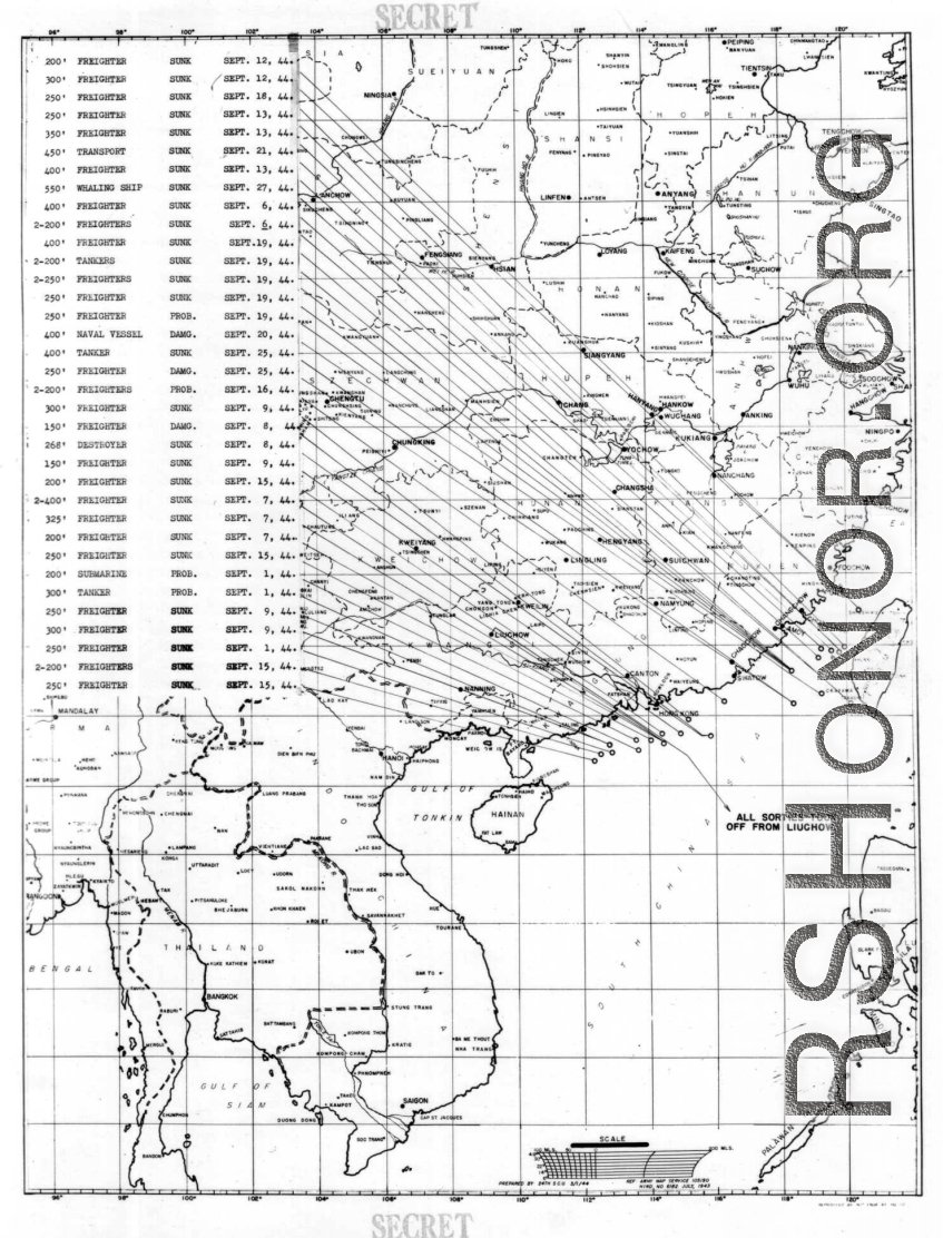 Sea sweep air mission map for September 1944, showing locations near or in China where attacks were made on Japanese targets by U. S. aircraft.  From the U.S. Government sources.