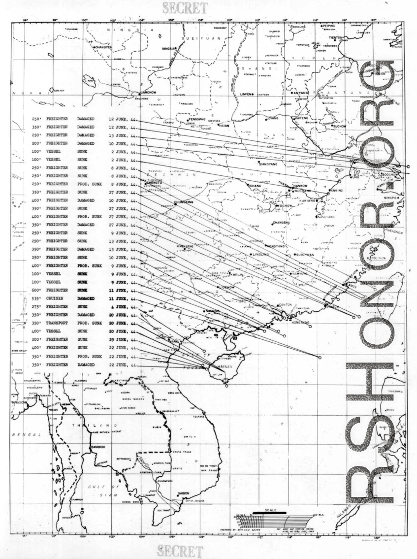 Sea sweep air mission map for June 1944, showing locations near or in China where attacks were made on Japanese targets by U. S. aircraft.  From the U.S. Government sources.