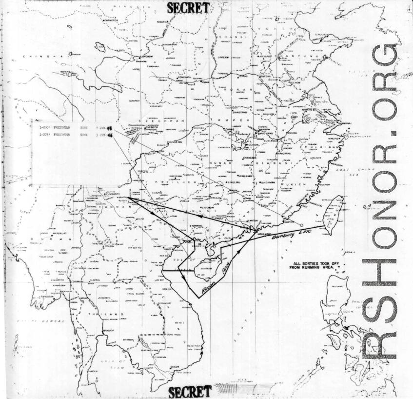 Sea sweep air mission map for January 1945, showing locations near or in China where attacks were made on Japanese targets by U. S. aircraft.  From the U.S. Government sources.