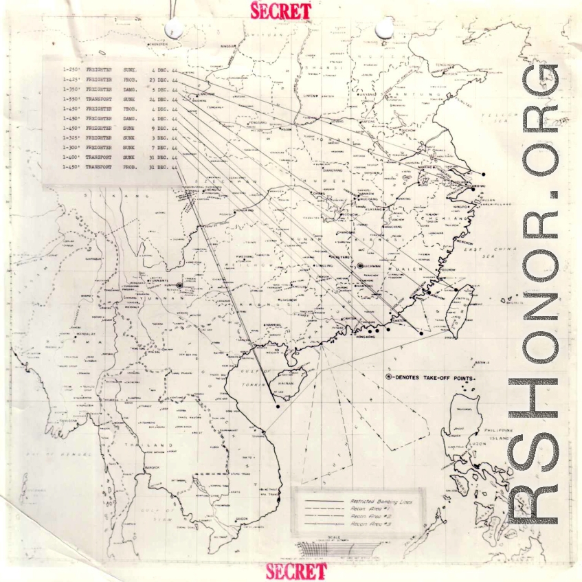 Sea sweep air mission map for December 1944, showing locations near or in China where attacks were made on Japanese targets by U. S. aircraft.  From the U.S. Government sources.