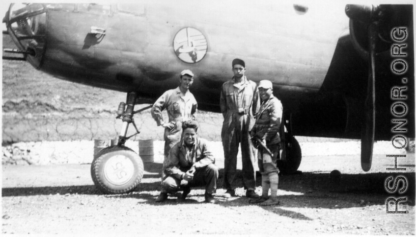 Pete, Elmer, Frank Bates, and a Chinese guard pose in the revetment of B-25D, #55, 491st Bombardment Squadron, at Yangkai AB, 1944. (Info courtesy Tony Strotman)