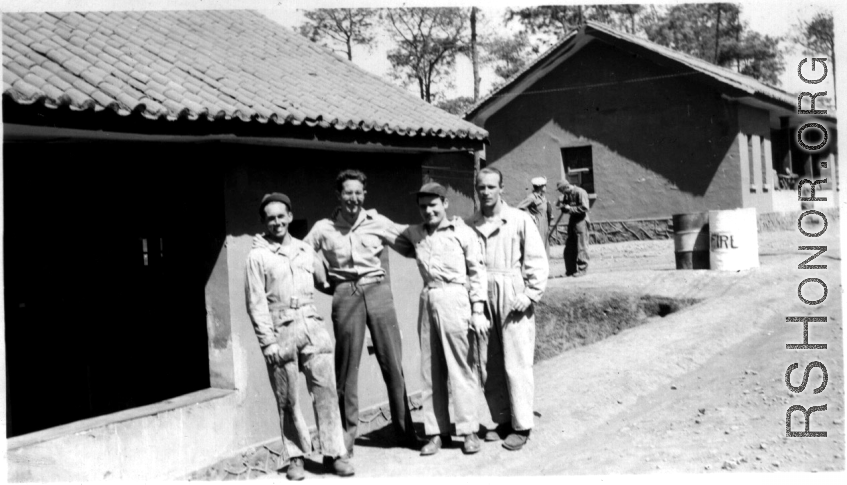 Barracks area in Yangkai, Spring 1945. Hunter Toms, Joe Burns, Bill Gornick, Syd Nyreen.