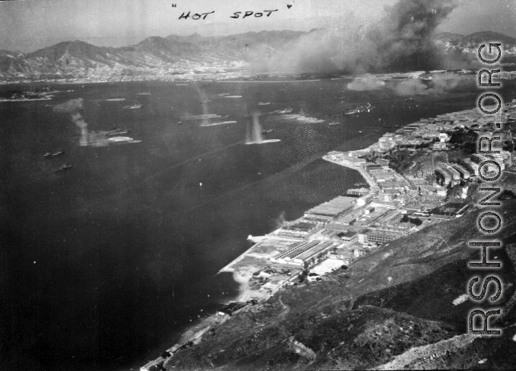 American planes bomb Japanese military shipping in occupied Hong Kong harbor, during WWII.