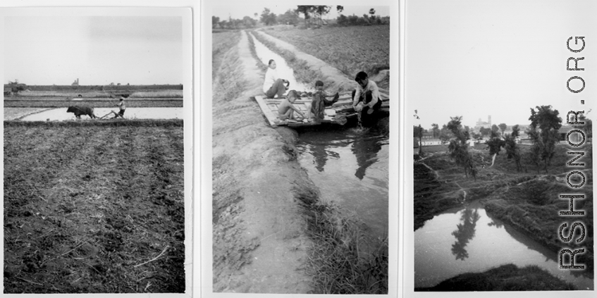 Farm life at Hanzhong, during WWII.  Note St. Michael's Church on the horizon on the left and right images.