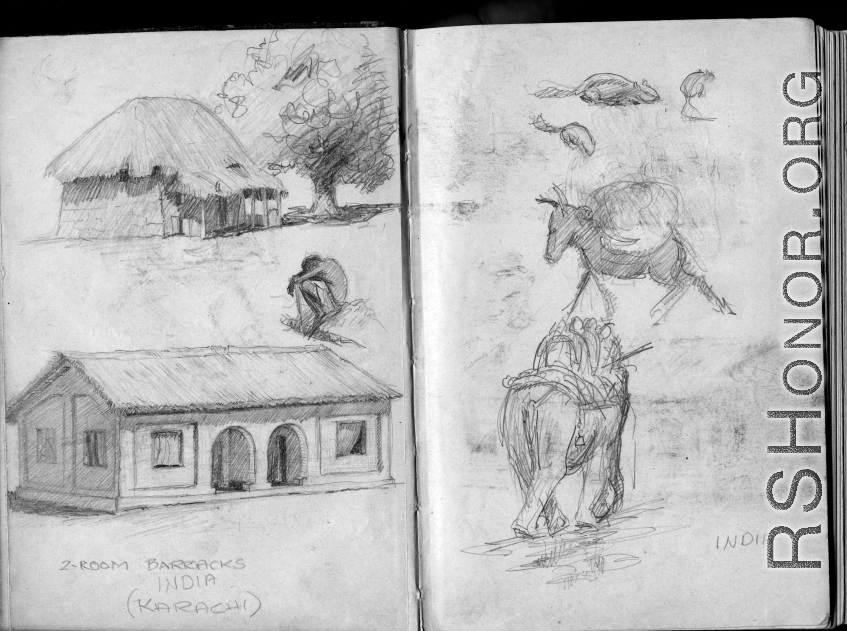 The wartime notebook of S/Sgt. Tom L. Grady. In his notebook, as a talented and curious young artist while in the CBI, he recorded scenes and vignettes that he saw in his life. He also recorded names and contact info for the people he met.  "Two-room barracks, Karachi, India."