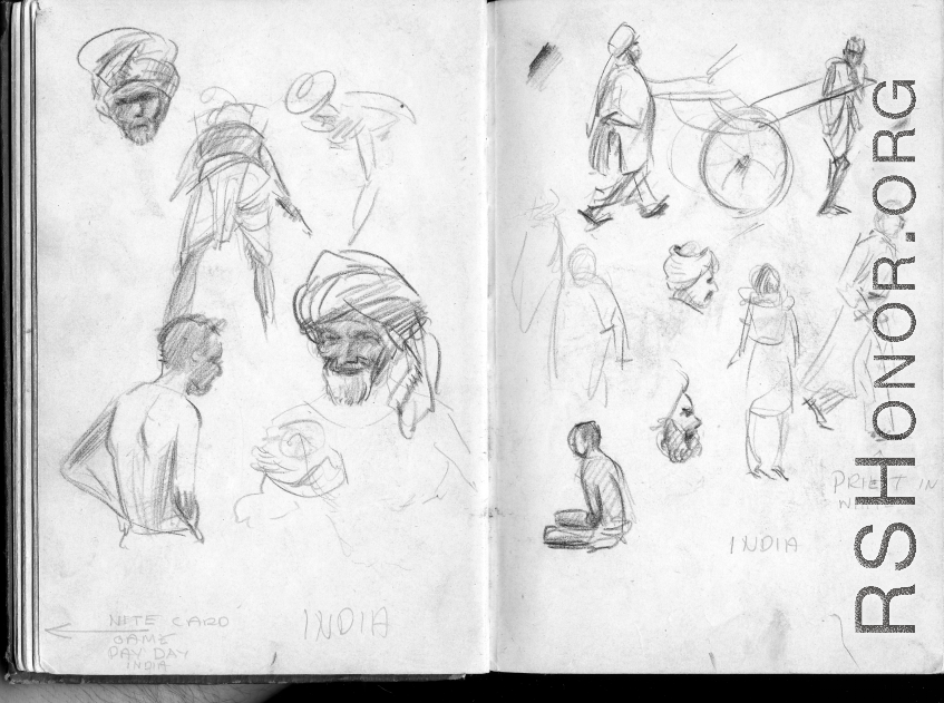 The wartime notebook of S/Sgt. Tom L. Grady. In his notebook, as a talented and curious young artist while in the CBI, he recorded scenes and vignettes that he saw in his life. He also recorded names and contact info for the people he met.  Scenes in India. Including "priest in white."