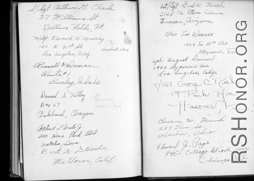 The wartime notebook of S/Sgt. Tom L. Grady. In his notebook, as a talented and curious young artist while in the CBI, he recorded scenes and vignettes that he saw in his life. He also recorded names and contact info for the people he met.  List of acquaintances.