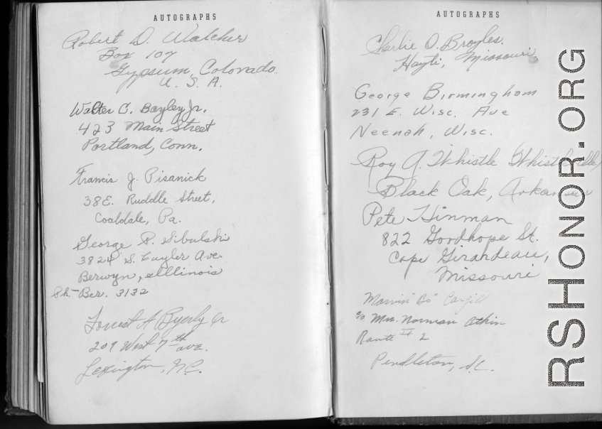 The wartime notebook of S/Sgt. Tom L. Grady. In his notebook, as a talented and curious young artist while in the CBI, he recorded scenes and vignettes that he saw in his life. He also recorded names and contact info for the people he met.  List of acquaintances.