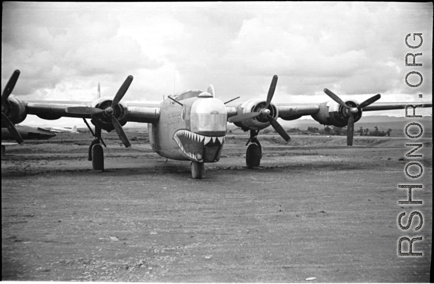 The Consolidated B-24 bomber "Nip Nipper," serial #42-72837. This is later in the war, and the B-24 has been modified to carry cargo, with the nose guns (and much more) removed.