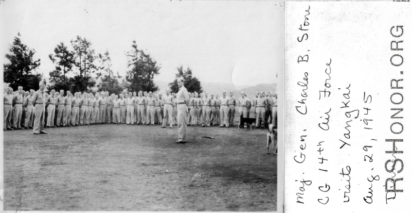 Major Gen. Charles B. Stone makes an apparent speech during a visit to Yangkai on the August 29, 1945.  Yangkai, APO 212, during WWII.