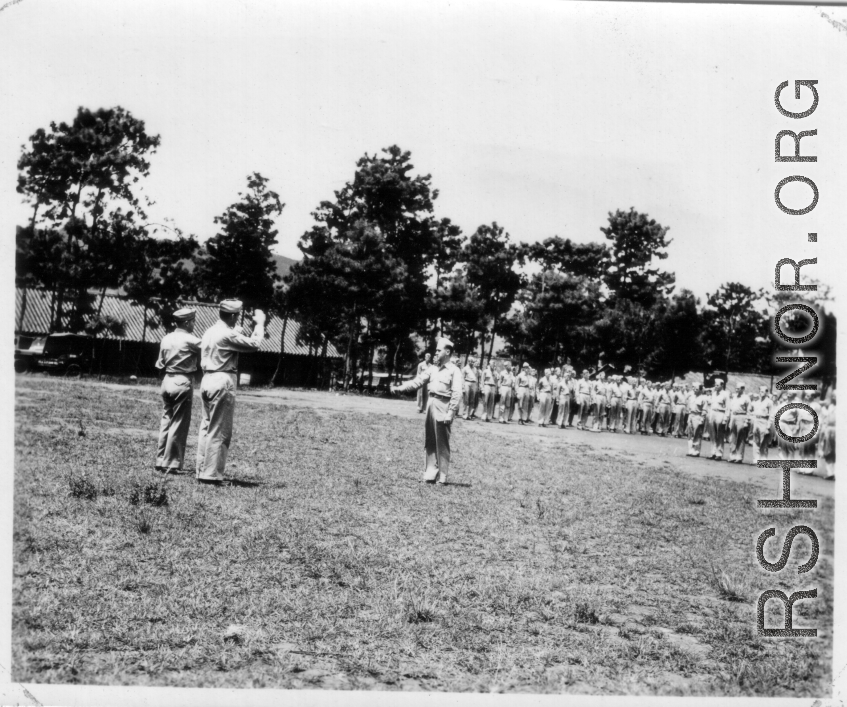 Award ceremony with Major Gen. Charles B. Stone during a visit to Yangkai on the August 29, 1945.  Yangkai, APO 212, during WWII.