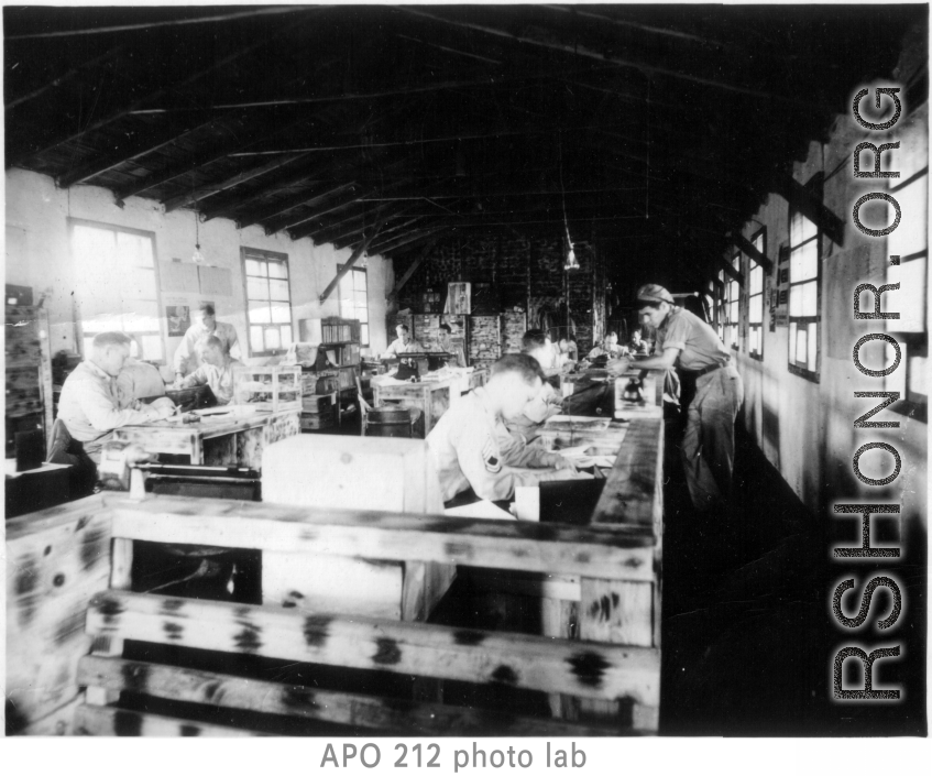 Photo lab at Yangkai, APO 212, during WWII, likely in 1945.