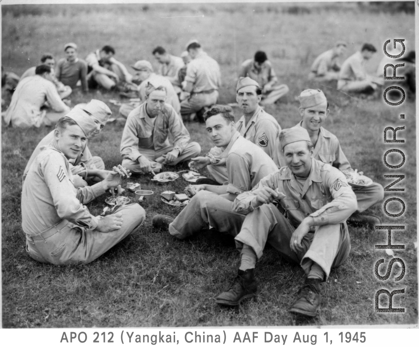 GIs enjoying AAF Day celebrations, August 1, 1945, at Yangkai, APO 212, during WWII.