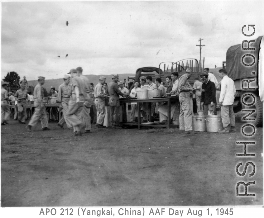 GIs enjoying AAF Day celebrations, August 1, 1945, at Yangkai, APO 212, during WWII.