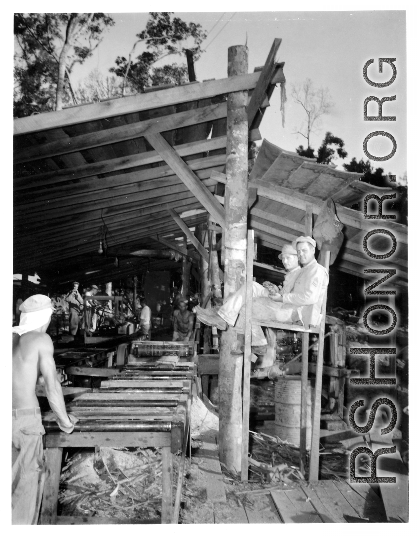 Operations of a mill of the 797th Engineer Forestry Company in Burma.  During WWII.