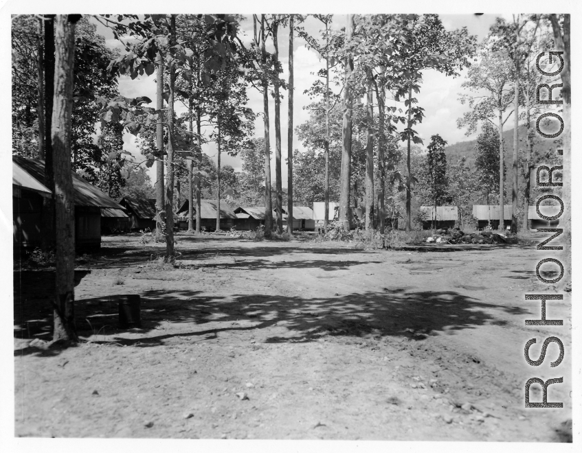 Buildings in camp in Burma.  During WWII.  797th Engineer Forestry Company.