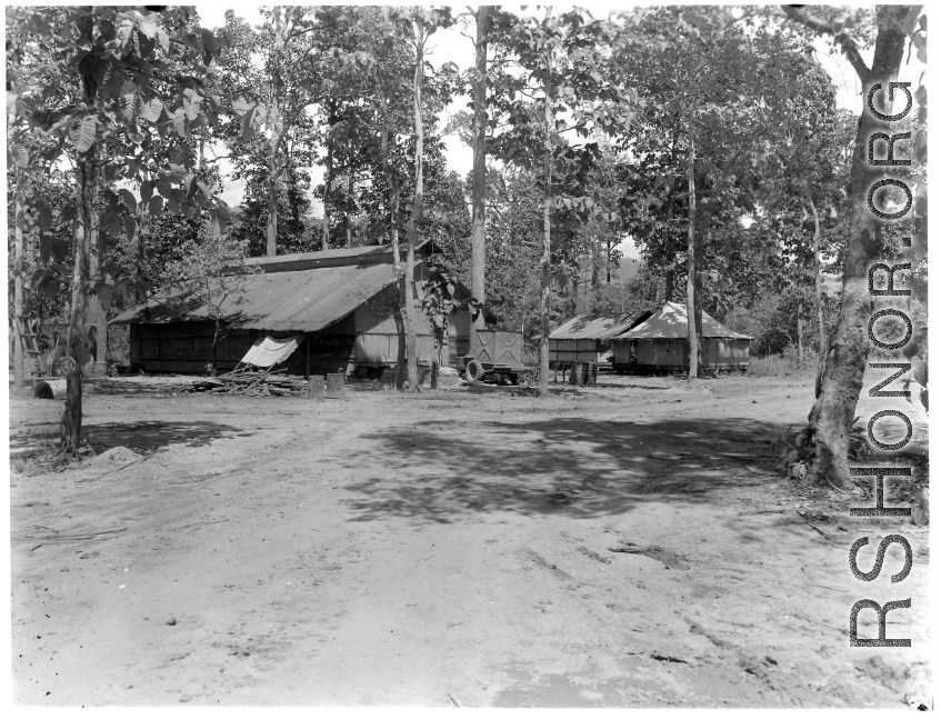 Buildings in camp in Burma.  During WWII.  797th Engineer Forestry Company.