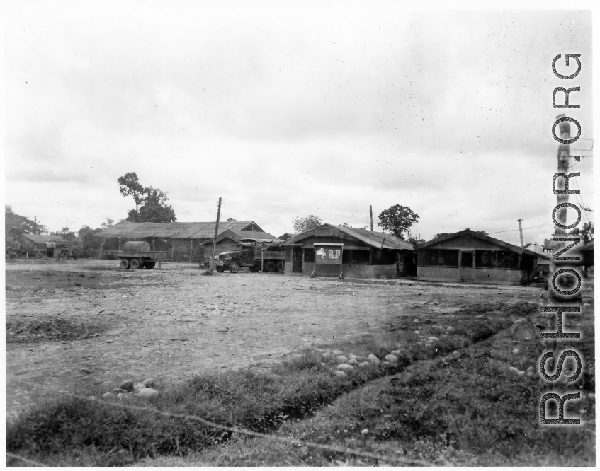 Buildings in camp in Burma.  During WWII.  797th Engineer Forestry Company.