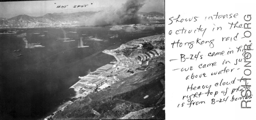 Shows intense activity in the Hong Kong raid - B-24's came in high - we came in just above water - Heavy cloud to right top of photo is from B-24 bombs. From an October 16, 1944, mission on Hong Kong, 491st Bomb Squadron.