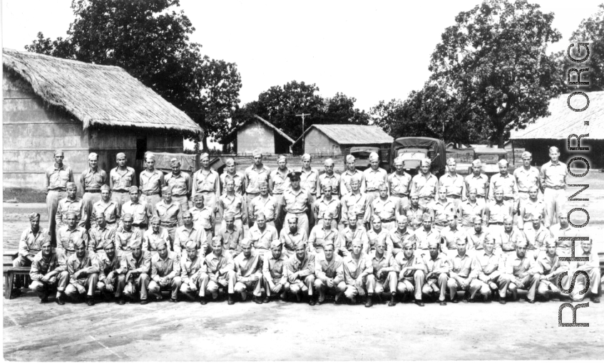 Assembled Men Of 491st.  Second row, right Frank Bates; third row center, Capt Bill De Vries, Engineering Officer (in wheel hat).